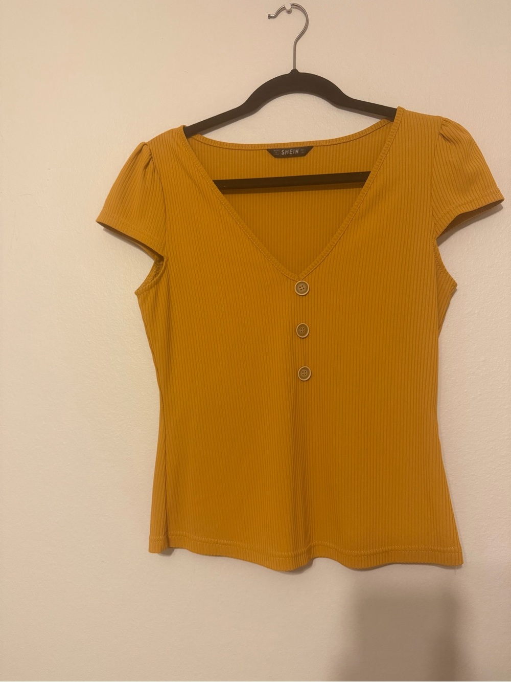 SHEIN Mustard V-Neck Ribbed Short Sleeve Top with Buttons